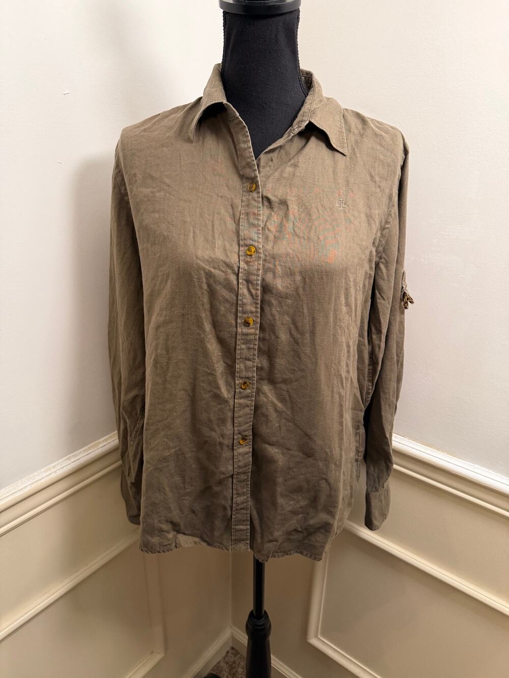 Lauren Ralph Lauren Linen Roll-Tab Sleeve Button-Up Shirt Olive Brown Safari